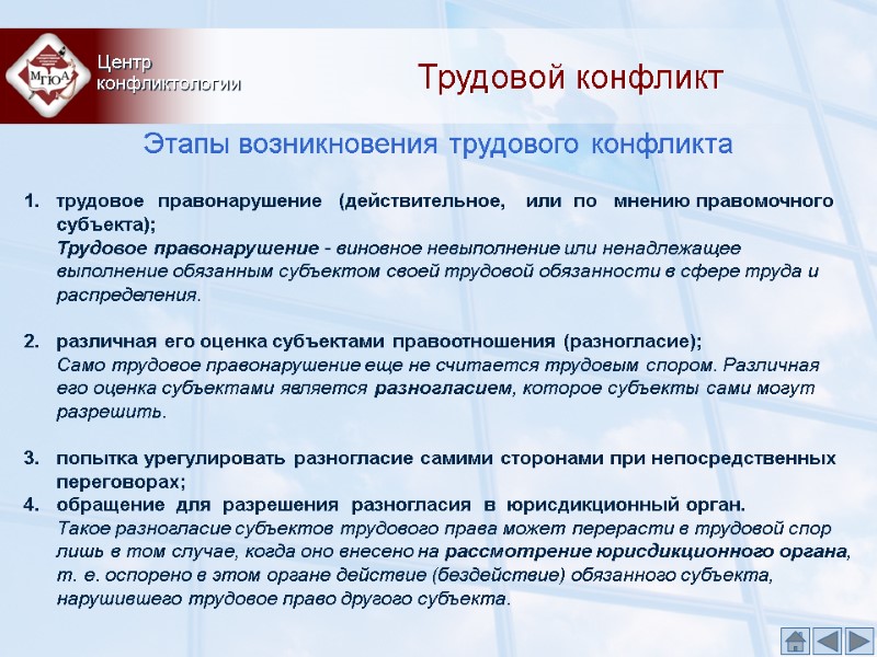 Трудовой конфликт Этапы возникновения трудового конфликта Центр  конфликтологии  трудовое  правонарушение 